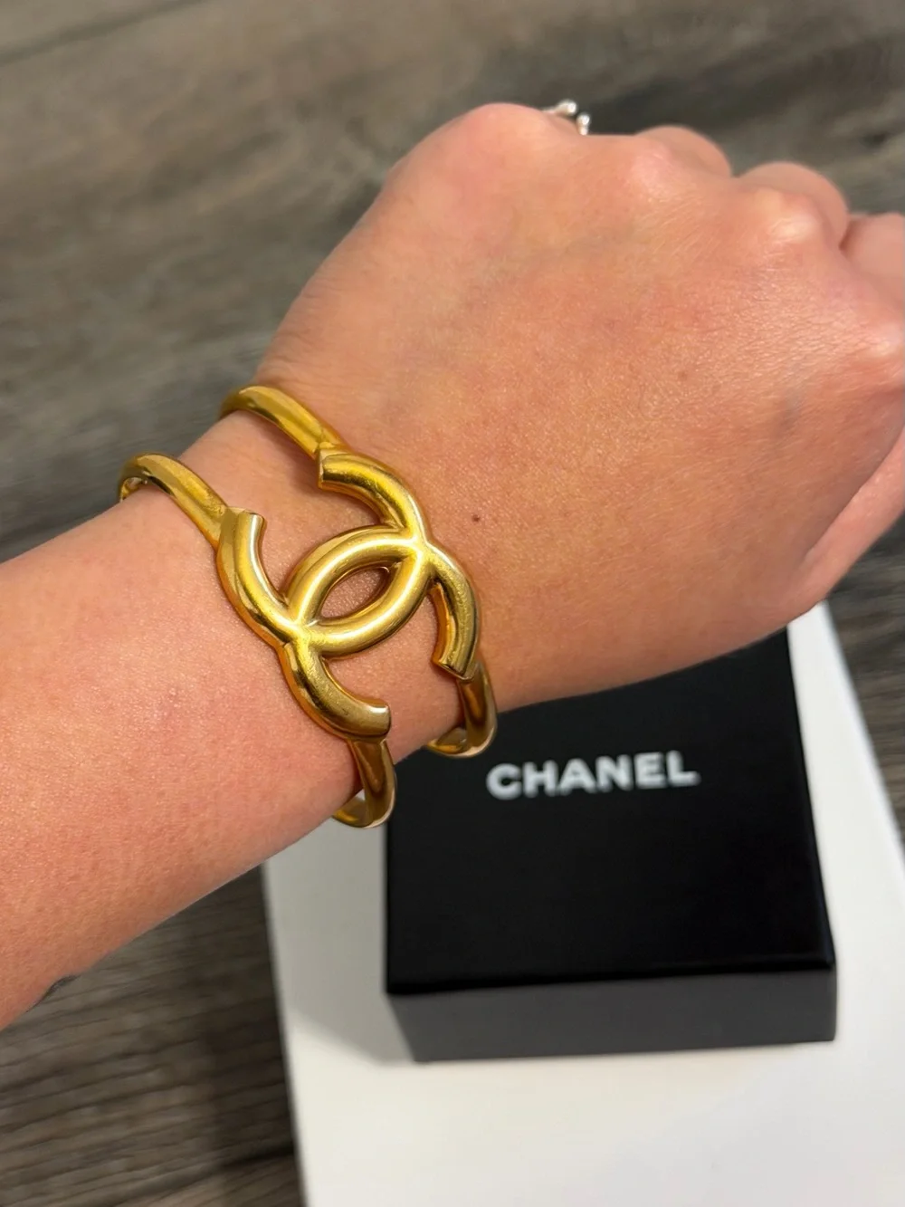 CHANEL Vintage Gold CC Logo Cuff Bracelet